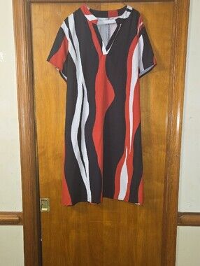 SHEIN Black, Red & White Striped Wave Midi Dress with Fabric Tie